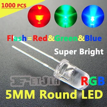 1000pcs/veľa 5mm Kolo LED Dióda Super Lndicator svetlá svetlé Flash Red & Green & Blue /RGB Flash 7 Farba Doprava Zadarmo