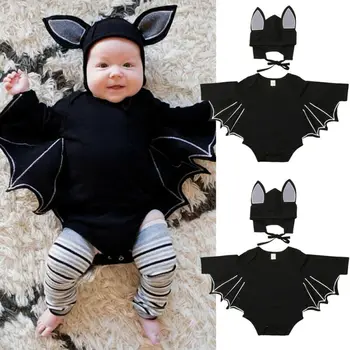 2019 Multitrust Značky Halloween Módne Novorodenca Chlapec Cartoon Krídlo Čiernu Kombinézu Klobúk Oblečenie Set Oblečenia