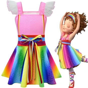 2020 Nový Príchod Dievčatá Šaty Jar Dlhý Rukáv, Farebné Pruhované Farby Dúhy detské Oblečenie Princezná Načechraný Party Šaty