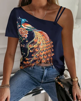 2020 Nový Začiatok Ženy Lete Elegantné Jedného Pleca Phoenix Páva Príležitostné Tlače T-shirt Lady Krátky Rukáv Plus Veľkosť Nadrozmerná Top