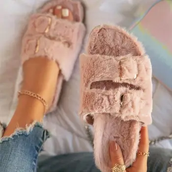 2021 jeseň/zima nové plus veľkosť dámske topánky ploché candy-farebné plyšové dámske papuče domov dvojité pohodlné sandále flip flop