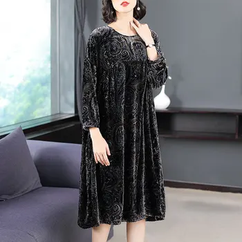 2021 kórejský Vintage Zlato Velvet Dlhý Rukáv Midi Šaty Jeseň Wiinter 3XL Plus Veľkosť Ženy Šaty Elegantné Bodycon Strany Vestidos
