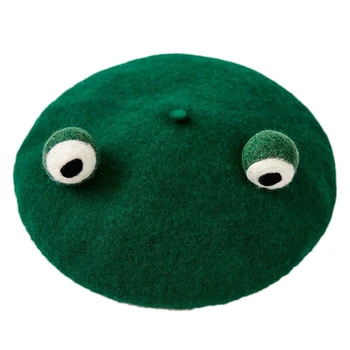 2021 Nové Žien Roztomilý Zelená Žaba Oči Beret Spp Zimné Umelé Vlny Kawaii Maliar Čiapočku Klobúk