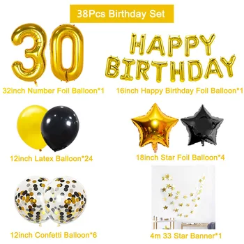 38pcs 32inch Gold Black Číslo Šťastný 30 Narodeniny Fóliové Balóniky Modré, Ružové a 30. Rokov Dekorácie Muž Žena Dodávky