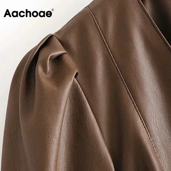 Aachoae Streetwear Hnedá Farba Pu Kožené Šaty Žien V Krku Elegantné Midi Šaty S Pásom Lístkového Rukáv Štýlový Lady Rovné Šaty