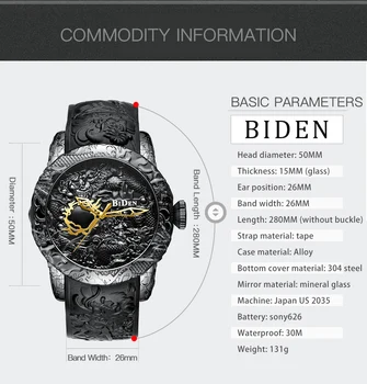 BIDEN praskla luxusné dragon hodinky muži 3 ATM nepremokavé čierna farba
