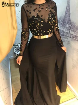 Black Morská víla Večerné Šaty Ilúziu, Dlhý Rukáv Korálkové Skromné Party Šaty s Zlatý Pás Formálne Šaty 2021 Vestidos De Fiesta