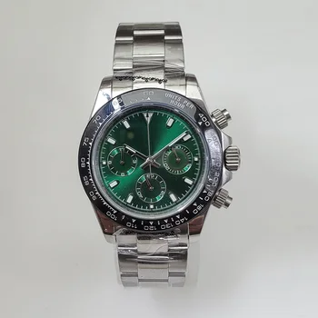 Chronograf quartz hodinky módne 39 mm zafírové sklo striebornej prípade zelená dial 316L nerezovej ocele náramok A8