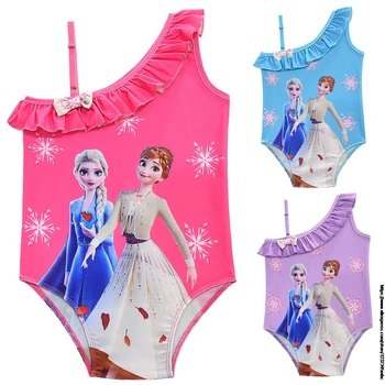 Disney Mrazené Letné Baby Girl Šikmé Rameno jednodielne Plavky Dieťa Cartoon Zvažujúca Pláž Plavky Plávať Nosiť Oblek Nastaviť
