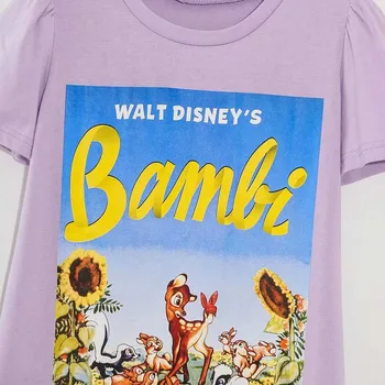 Disney T-Shirt Módne Bambi Jeleň Králik Cartoon List Tlač Ženy T-Shirt O-Krku Krátky Rukáv Bavlna Tee Topy Fialová Žena