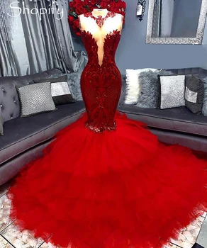 Dlhé Červené Šaty Ples 2020 Elegantné Morská Víla Volánikmi Tylu Africké Čierne Dievčatá Gala Prom Party Noc Plášte