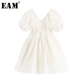 [EAM] Ženy Biela Skladaný Split Temperament Šaty Nové tvaru Lístkového Rukáv Loose Fit Módne Príliv Jar Leto 2021 1W265