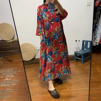Etnické dámske dlhé bavlnené a ľanové veľké farebné voľné šaty veľkosť Čínskej retro diagonálne pracky čaj oblečenie jeseň