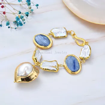 GG Šperky Prírodná Biela Barokový Biwa Pearl Prírodné Modré kyanite Nugget Srdca Perlou Zlatá Farba Náramok 8