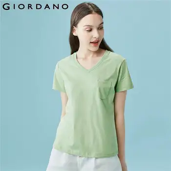 Giordano Ženy T-Shirts Pevné V Krku Priedušnej Bavlny Našité Vrecko T Shirt Ženy Krátke Rukávy Pohodlný Camiseta Mujer 13320202