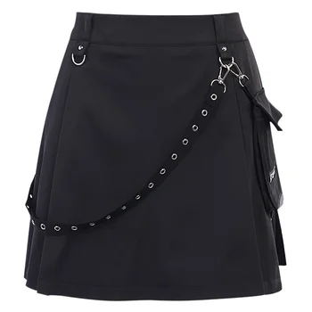 InstaHot Black Vrecká Vysoký Pás Sukne Popruh Na Zips Skladaná Sukňa Ženy Gotický Punk Streetwear Bežné Nákladné Sukne 2020 Móda