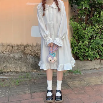 Japonský Lolita Sladké Dievča Biela Farba Červená bábika golier rozstrapatené dlhý rukáv lolita strednej dĺžky šaty loli cos tea party Jeseň