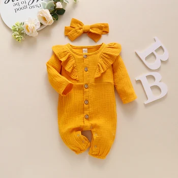 Jeseň 2020 Novorodenca Dievčatá 2-kus Oblečenia Nastaviť Dlhý Rukáv Pevné Farba Romper+hlavový most Set pre Deti Baby Dievčatá 0-24M