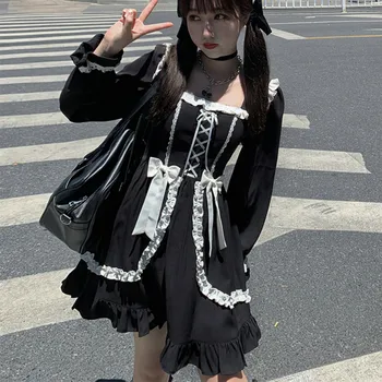 Jeseň Japonský Čierny Gothic Lolita Šaty Vintage Viktoriánskej Mäkké Dievča Roztomilý Čela Krajky-up Volánikmi Princezná Šaty Žien Punk Šaty