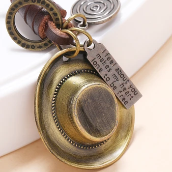 Kovboj Cowgirl Klobúk Vintage Keychain Módne Kovové Kúzlo Retro Ručne Vyrábané Kožené Držiteľ Taška Keyring Auto Prívesok Na Príslušenstvo Darček