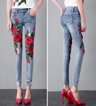 Kvet Vyšívané Ženy Džínsy Úsek Elastické Jeans, Ceruzky Otvor Roztrhlo Rose Vzor Džínsy plus veľkosť 25-31