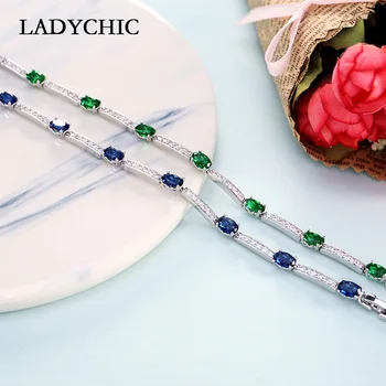 LADYCHIC Luxusné Modrá Zelená Oválne Zirkón Strieborné Farebné Náramky Očarujúce Crystal Nevesta Svadobné Šperky Ženy Módny Náramok LB1001