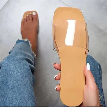 Letné Nové Žien Transparentné PVC Papuče Sexy Dámy Štvorcové Prst Otvoriť Leňoch Flip Flops Ženskej Módy Pláži Ležérne Topánky