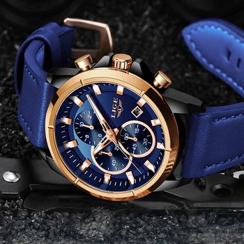 LIGE Príležitostné Športové Hodinky Pre Mužov Blue Top Značky Luxusné Vojenské Kožené Náramkové Hodinky Muž Hodiny Módne Náramkové hodinky Chronograf