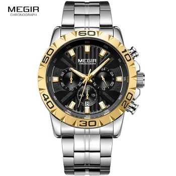 MEGIR pánske Chronograf Business Quartz Hodinky z Nerezovej Ocele, Vodotesné Svetelný Náramkové hodinky Muž Relogios Masculino 2087 Zlato