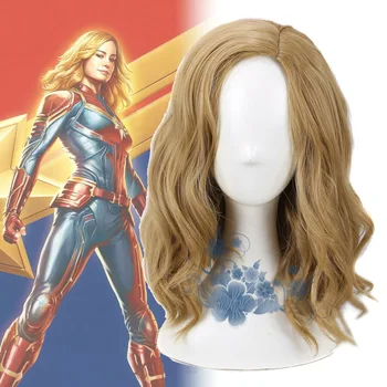 Ms Captain Marvel Cosplay Parochňu Stredne Dlhý Zlatý Hnedé Vlnité Kučeravé Vlasy Ženy