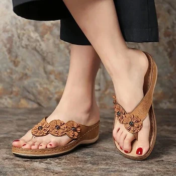 Móda Ženy Bežné Kvet Sandále Kliny, pričom Uhlopriečny Topánky Flip Flop Papuče Lete FS99