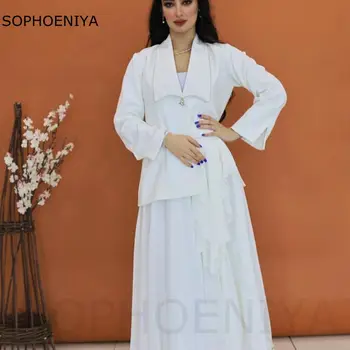 Nový Príchod V Krku Biele Dlhý rukáv večerné šaty 2021 Abaya dubaj Kaftane Formálne šaty pre ženy strany Celebrity sukienki