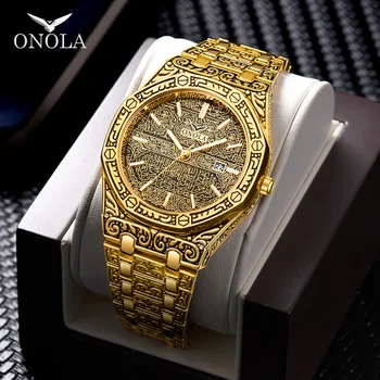 ONOLA vintage vyrezávané sledujte muž nepremokavé Pôvodné oceľové pásmo náramkové hodinky módne klasické dizajnér luxusné značky zlaté pánske hodinky