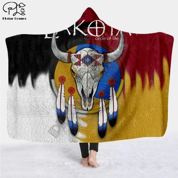 Plstar Cosmos Black Rodák Lakota Indiánske Lebka s Kapucňou Deka 3D full tlač Nositeľné Deka Dospelí muži ženy štýl-9