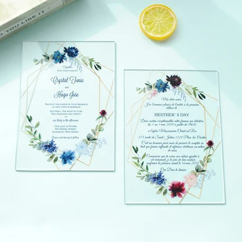 Priehľadné kvalitné UV tlač akryl kartu nový produkt vlastné lacné svadobné oznámenia kvet s rámom