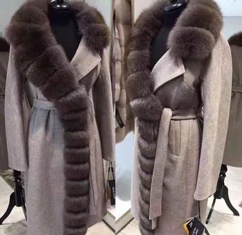 Prispôsobiť X-long Real Fox Kožušiny Golier Vlny Kabát Pre Ženy Zimné Kabáty 2020 Žena Pravé Kožušiny Kabát S Pásom
