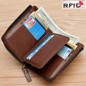 Pánske Originálne Kožené Peňaženky RFID Proti Krádeži Karty Držiteľ Mince Kabelku Módne Podnikania Muži a Ženy Vrecku Peňaženku Zips
