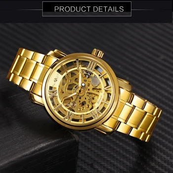 Pánske Zlaté Kostra Hodinky VÍŤAZ Auto Mechanické náramkové hodinky z Nerezovej Ocele Popruh Top Značky Luxusné +DARČEKOVÁ krabička