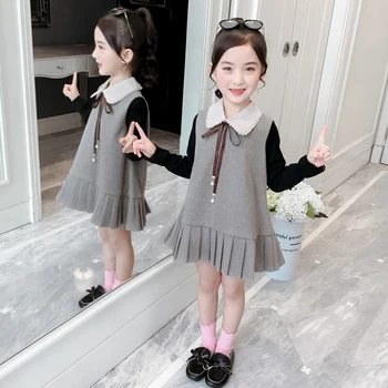 Roztomilé Dieťa Dievčatá Oblečenie Nové Voľné Luk Princezná Šaty Deti Školskú Uniformu Bežné Skladaný Šaty Deti Oblečenie Vestidos