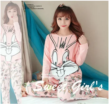 Roztomilý Pajama Nastaviť Ružová Bugs Bunny Ženy Pyžamo Jeseň Dlhé Rukávy Tlač Pyžamo Plnej Dĺžke Domáce Oblečenie