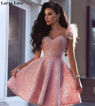 Ružová Luxusné Koktejlové Šaty 2020 Krátke Prom Šaty Crystal Flitrami Perie Návrat Domov Šaty Žien Nové Elegantné Maturitné Šaty