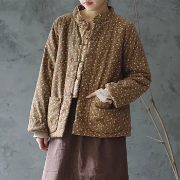 SCUWLINEN 2020 Zimné Ženy Coats Vintage Kvetinový Tlač Hrubé Teplé Bavlna Čalúnená Bunda P304
