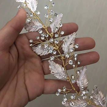 SLBRIDAL Ručné Vinatge Gold Crystal Kamienkami Pobočky Leaf Svadobné doplnky do Vlasov Vlasy Viniča Svadobné hlavový most Ženy Šperky