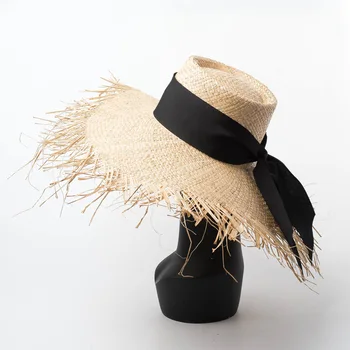 Slnko spp ženy Hand-made raffia burr lemovanie krúžok ploché slamený klobúk krém na opaľovanie na pláži raffia klobúk sombreros mujer verano
