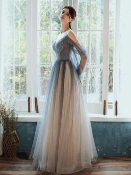 SSYFahion Nové Luxusné Flitrami Večerné Šaty Romantický Gradient Farby, tvaru, Dlhý Rukáv Lištovanie Prom Formálne Šaty Vestido De Noche