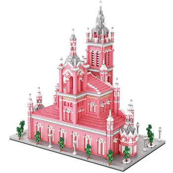 Stavebné Bloky Mesto Ružová Kostol Hrad Bloky DIY Malé Častice Model Stavebné kamene, Tehly, Vianočné Darčeky