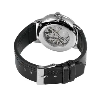 T-VÍŤAZ módne jednoduché ležérne pánske hodinky black dial striebro prípade čiernym koženým remienkom automatické mechanické hodinky