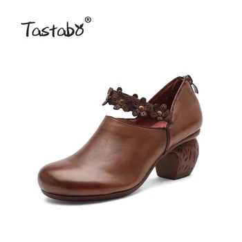 Tastabo Originálne Kožené dámske topánky Appliques vysokým podpätkom dizajn, Jednoduché ležérny štýl Brown black S19658 Ručne vyrábané topánky