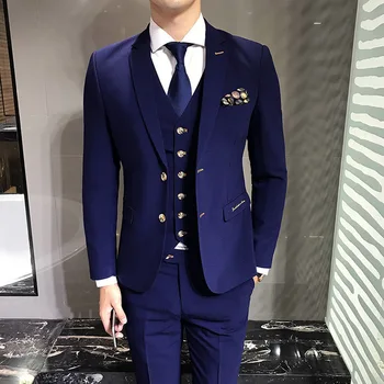 Thorndike Modré pánske Obleky, Bundy+Vesta+Nohavice XS-5XL Módne Muži Obleky Business Svadobné Hostiny, Gentleman, Elegantné Oblečenie