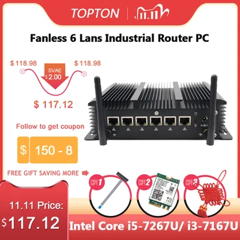 Topton bez ventilátora 6 Lan Priemyselné Mini PC Intel Core i5 7267U i3 7167U Firewall PC Pfsense Router 4*USB3.0 2*RS232 rozhranie HDMI 4G/3GWiFi